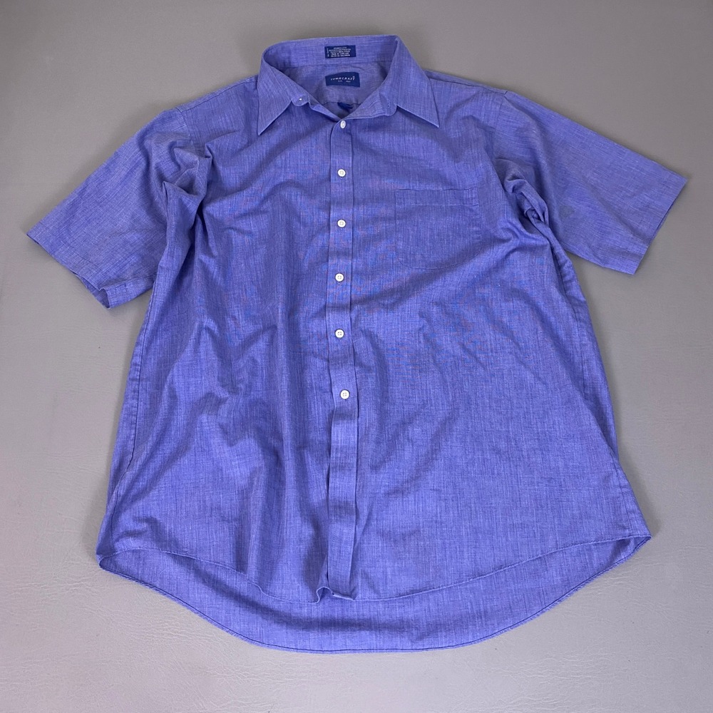 Towncraft Button Up Shirt Mens 17.5 Blue Short Sleeve Broadcloth Vintage *Flaw*